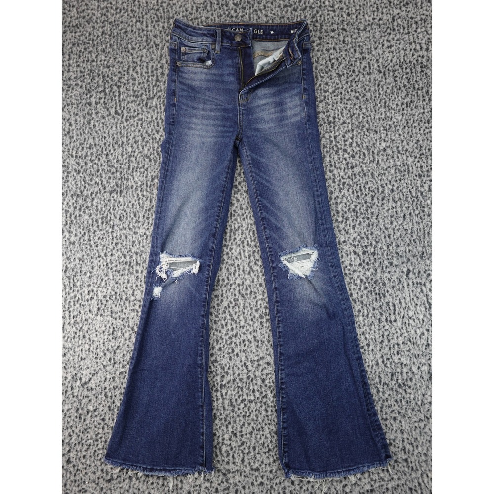American Eagle Flare‎ Jeans Womens 0 Dark Wash Distressed Highest Rise